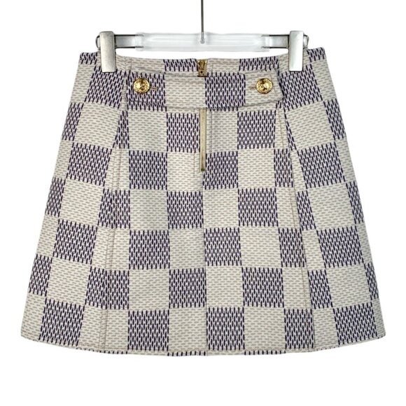 Louis Vuitton Paris Checkerboard Wool Skirt Size 36 Beige & Blue With Gold Butto - Picture 1 of 7
